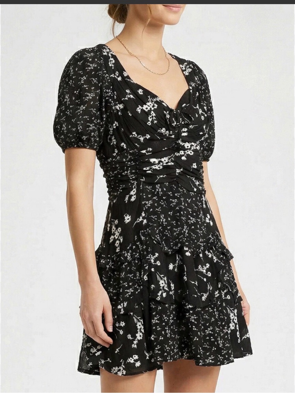 CAPUCCINO Women’s Black Floral Puff-Sleeve Tiered Mini Dress Size M